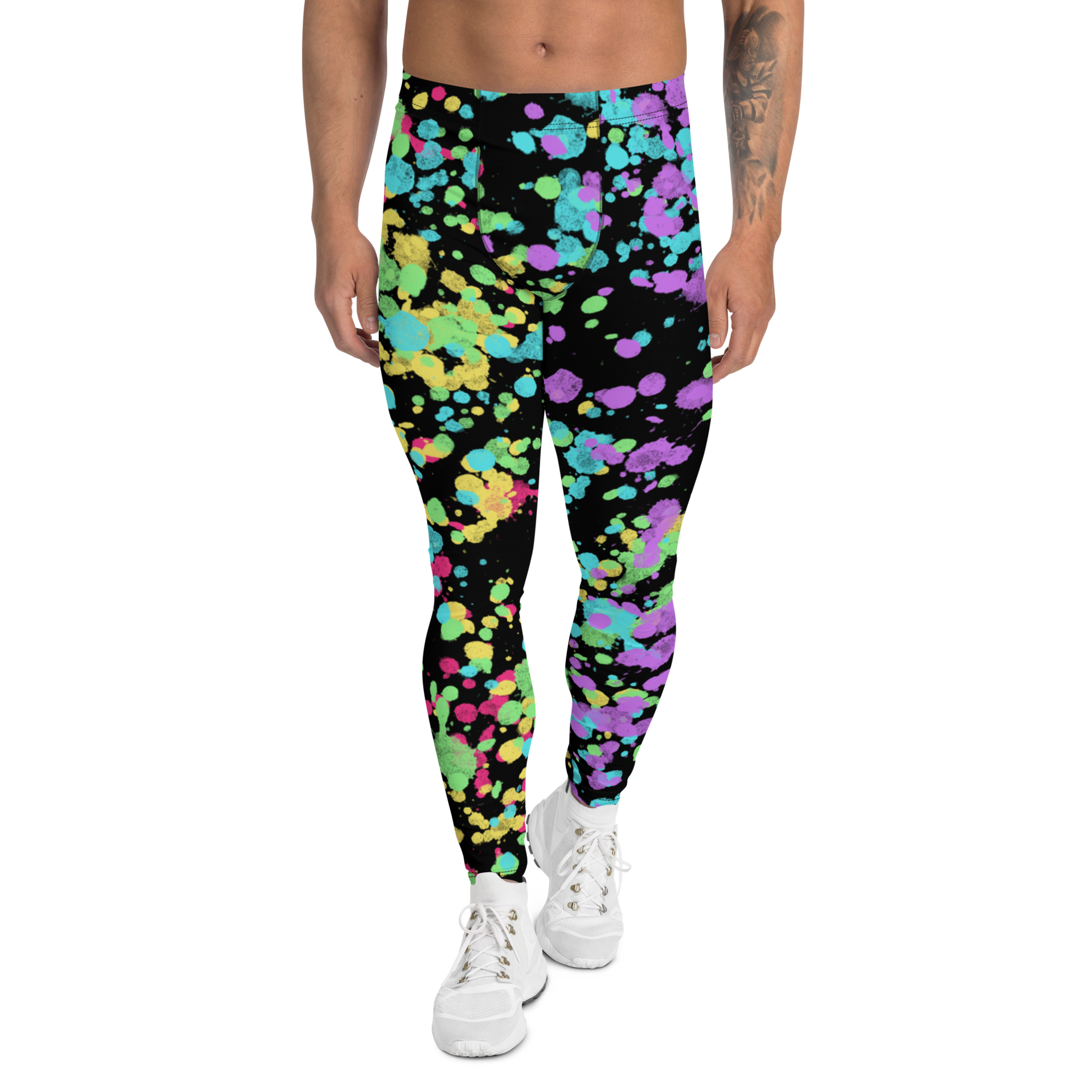 LGBT Gay Pride rainbow flag colourful festival meggings with splatters of yellow, red, green, blue and purple against a black background. Perfect for marches, park events, festivals, clubbing and disco dancing. Dress to impress at the gym or when worn as running tights for men.