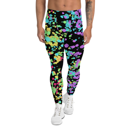 LGBT Gay Pride rainbow flag colourful festival meggings with splatters of yellow, red, green, blue and purple against a black background. Perfect for marches, park events, festivals, clubbing and disco dancing. Dress to impress at the gym or when worn as running tights for men.