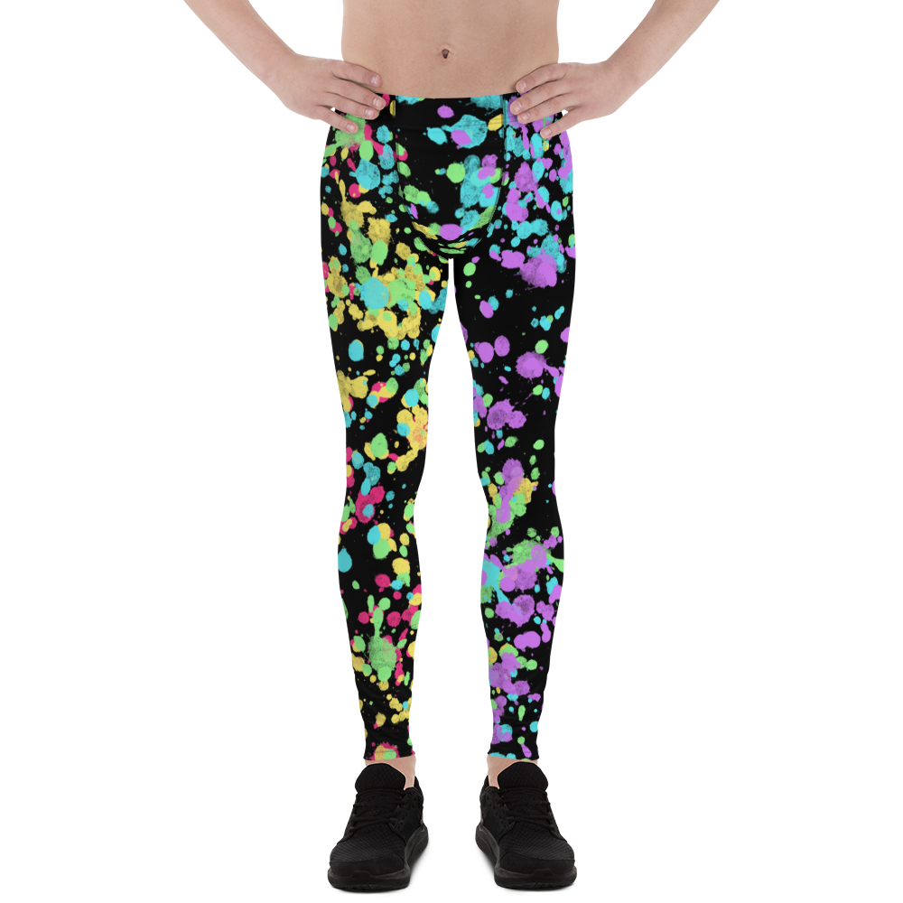 LGBT Gay Pride rainbow flag colourful festival meggings with splatters of yellow, red, green, blue and purple against a black background. Perfect for marches, park events, festivals, clubbing and disco dancing. Dress to impress at the gym or when worn as running tights for men.