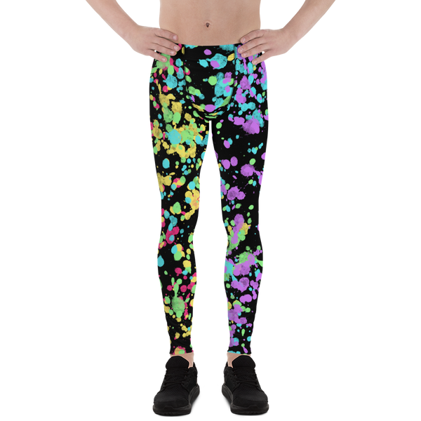 LGBT Gay Pride rainbow flag colourful festival meggings with splatters of yellow, red, green, blue and purple against a black background. Perfect for marches, park events, festivals, clubbing and disco dancing. Dress to impress at the gym or when worn as running tights for men.