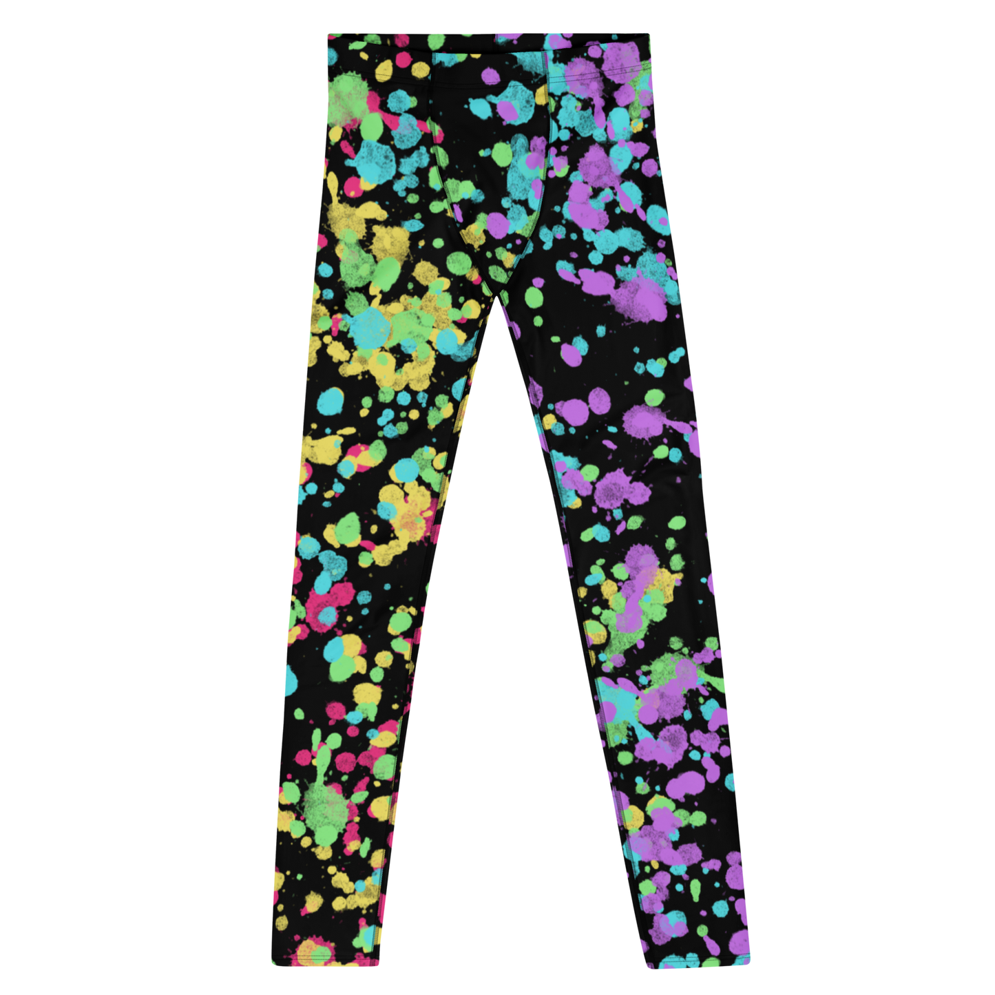 LGBT Gay Pride rainbow flag colourful festival meggings with splatters of yellow, red, green, blue and purple against a black background. Perfect for marches, park events, festivals, clubbing and disco dancing. Dress to impress at the gym or when worn as running tights for men.