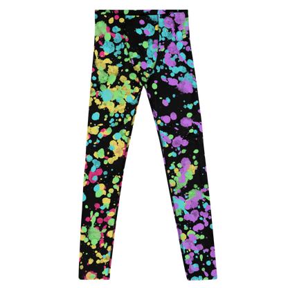 LGBT Gay Pride rainbow flag colourful festival meggings with splatters of yellow, red, green, blue and purple against a black background. Perfect for marches, park events, festivals, clubbing and disco dancing. Dress to impress at the gym or when worn as running tights for men.