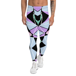 Pastel Goth style Harajuku aesthetic fashion leggings for men with geometric shapes in purple, blue, green, pink and black with white overlays on these Harlequin style futuristic compression pants for men.