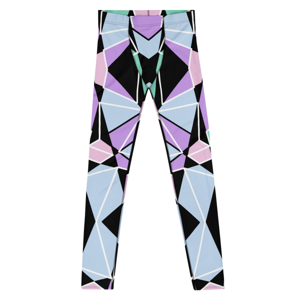 Pastel Goth style Harajuku aesthetic fashion leggings for men with geometric shapes in purple, blue, green, pink and black with white overlays on these Harlequin style futuristic running tights for men.