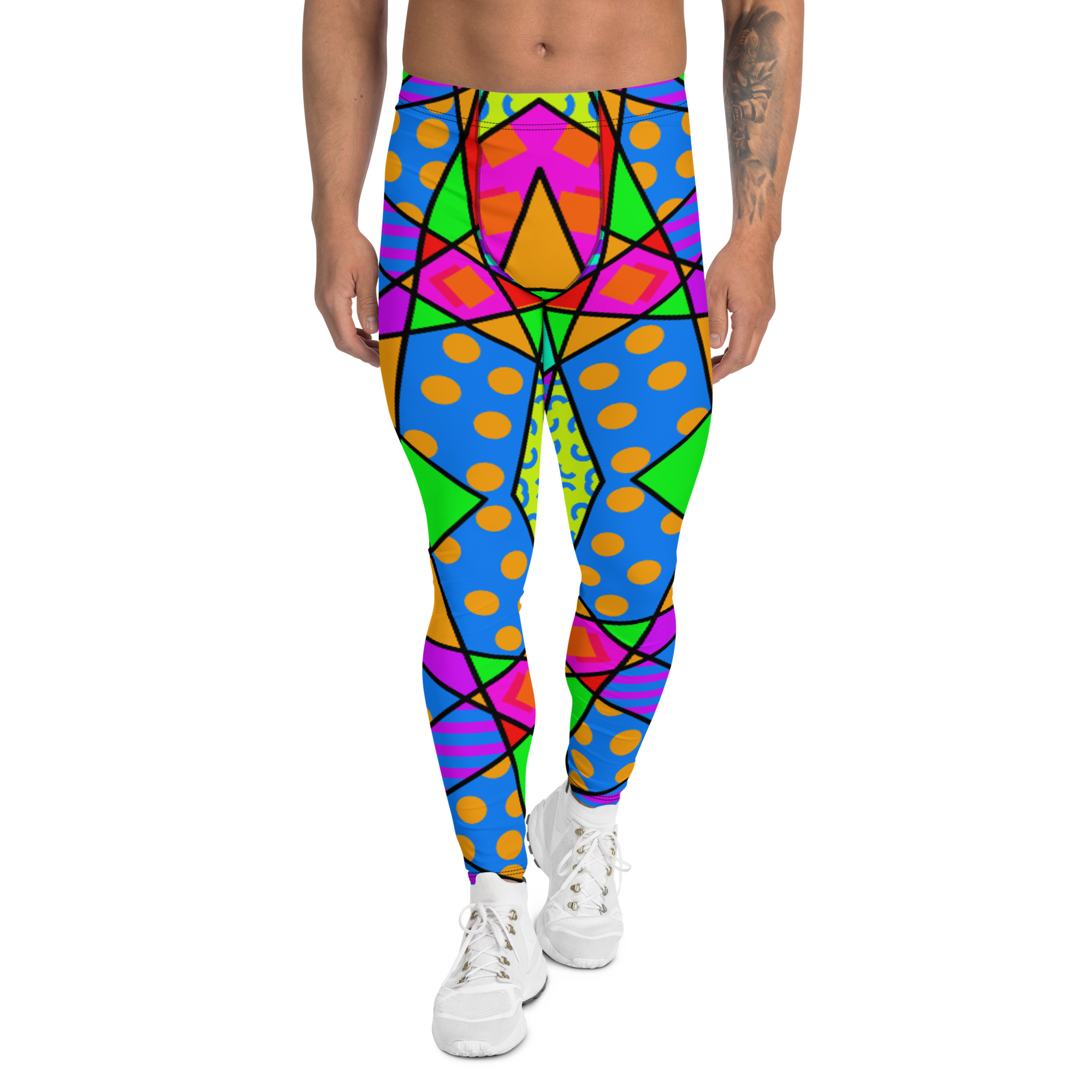 Pop Kei Harajuku fashion leggings for men with geometric Harlequin pattern in bold colors including red, pink, orange, blue, green and purple with a black overlay on these unique festival outfit meggings by BillingtonPix