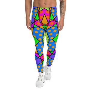 Pop Kei Harajuku fashion leggings for men with geometric Harlequin pattern in bold colors including red, pink, orange, blue, green and purple with a black overlay on these unique festival outfit meggings by BillingtonPix