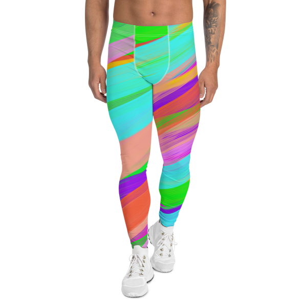 Mens patterned leggings with a rainbow stripe printed pattern in brushstrokes effect on these LGBTQ+ Gay Pride meggings for men by BillingtonPix