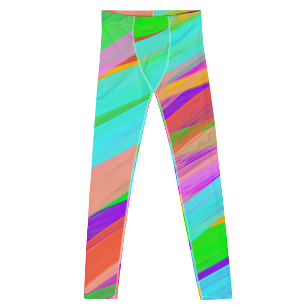 Mens patterned leggings with a rainbow stripe printed pattern in brushstrokes effect on these meggings for men by BillingtonPix