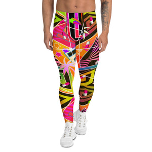Vaporwave style meggings with Menhera kei vibes. Orange patterned gym leggings for men in a Synthwave and Retrowave graphic with a Christmas Las Vegas theme of neoncore palm trees, signage and stars. Beautiful running tights with geometric pattern and striking colorful design on these compression pants for men by BillingtonPix