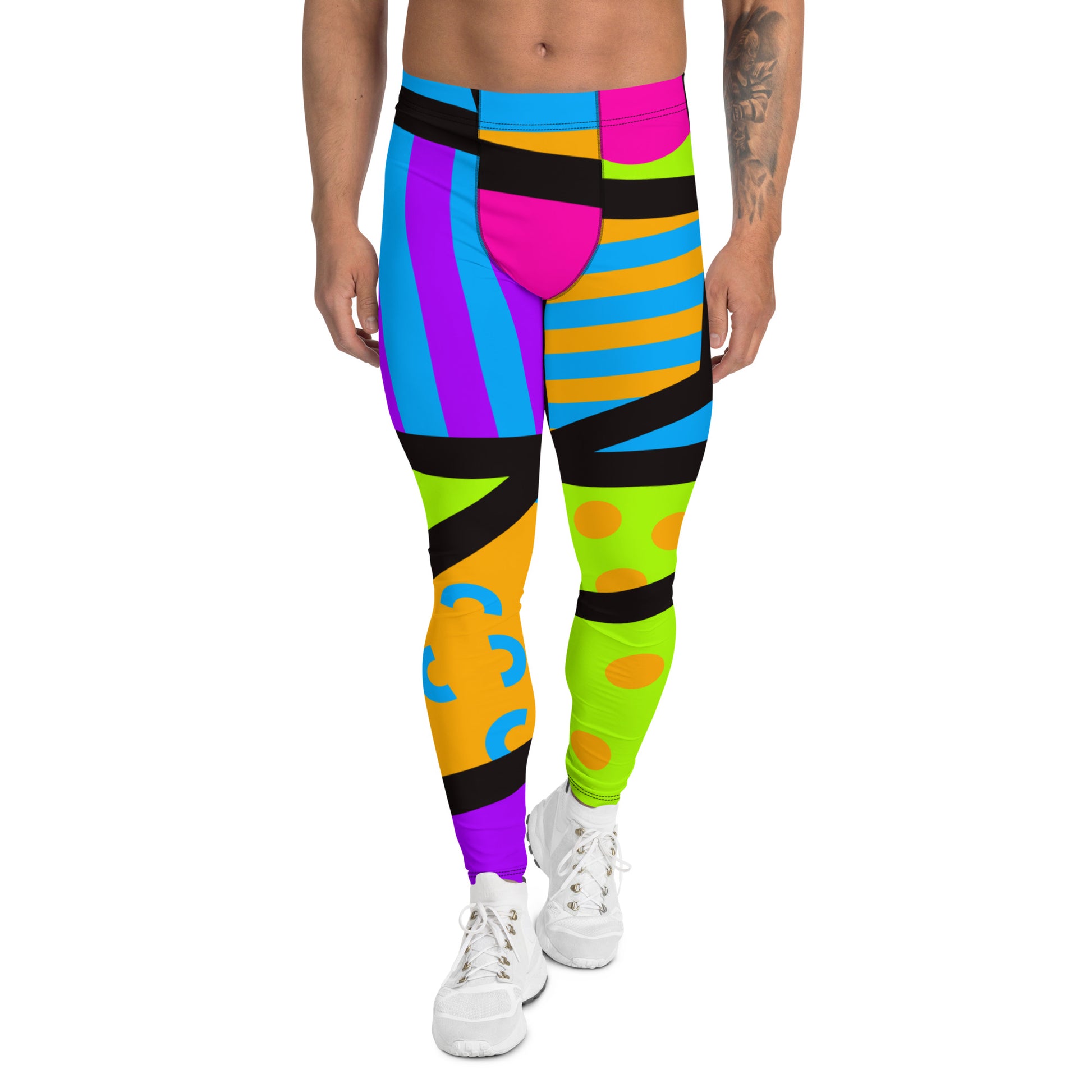 Geometric neoncore patterned leggings for men in a vibrant neon style of pink, blue, purple, yellow and orange with a black overlay on these unique mens compression pants meggings by BillingtonPix