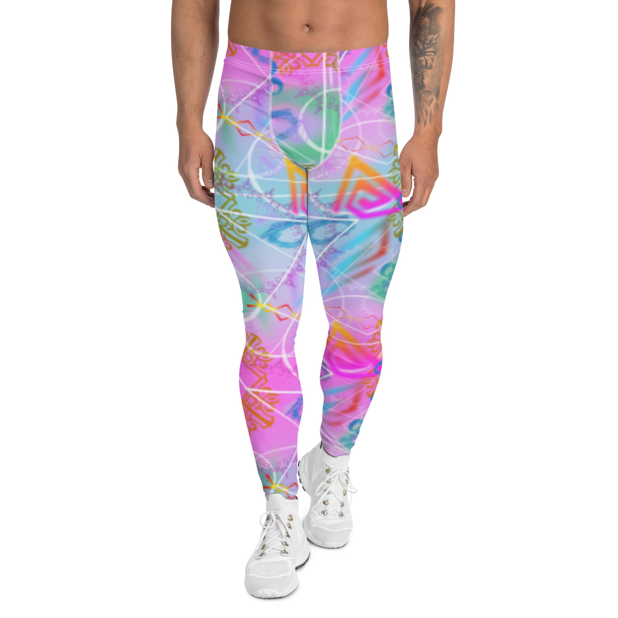 Vaporwave Mandala mens leggings in pink and blue with geometric shapes and patterns on these synthwave and retrowave style meggings or compression pants for men by BillingtonPix