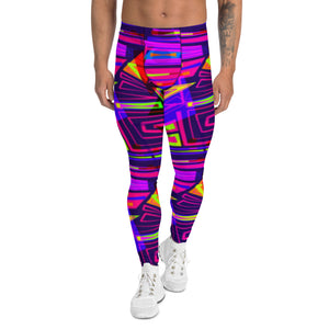 EDM electronic dance music style neoncore and vaporwave leggings for men in geometric angular layers and overlays. Tones of dark blue, red, pink, purple and orange in a neon effect. This EDM outfit or clubbing outfit is soft material with a stretchy 4-way stretch fabric that is super comfy and will ensure your mens fashion tights remain super bright and vivid long term.