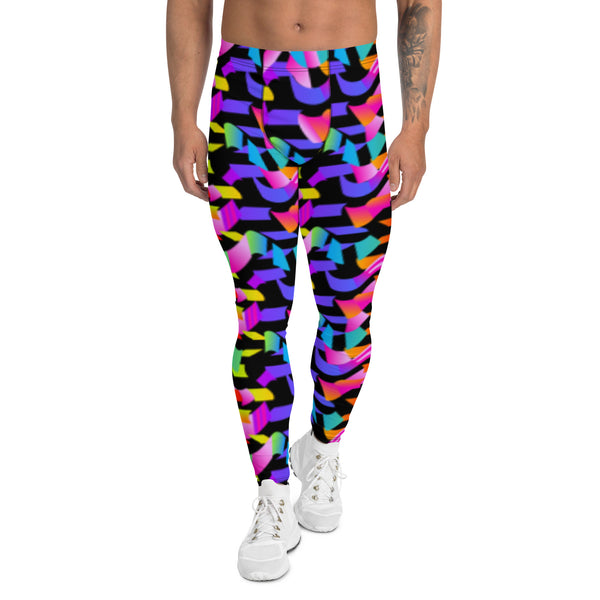 Vaporwave, Neoncore, Memphis design meggings in a rainbow geometric pattern on these EDM rave gear leggings for men. These compression pants have soft and stretchy 4-way stretch polyester and spandex fabric for every gym, night club or athleisure outfit. 