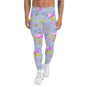 Fairy Kei Harajuku mens leggings with Menhera Kei pastel toned design in checked turquoise blue & pink pattern & Yume Kawaii & Cottagecore anime mushrooms, stars, sticking plasters, negative vibe mean love hearts & Japanese scripts for pain & emotion on these running tights by BillingtonPix