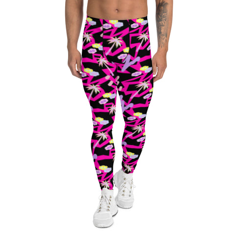 Pink and black men's leggings in a contemporary memphis design. Patterned black meggings with palms trees and a Las Vegas vibe on these mens running tights by BillingtonPix