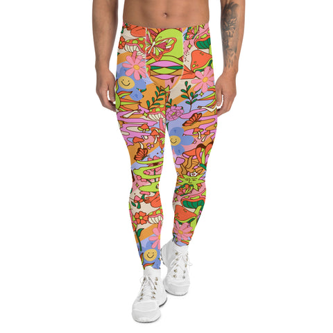 Groovy 1970s style mens leggings in a flower power floral all-over print design. Mens compression pants and running tights in orange, blue and pink spiritual design with mushrooms, butterflies, buddha, flowers and smiley faces. Kawaii cutecore meggs for gym, festivals and clubbing