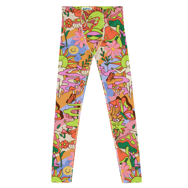 Groovy 1970s style mens leggings in a flower power floral all-over print design. Mens compression pants and running tights in orange, blue and pink spiritual design with mushrooms, butterflies, buddha, flowers and smiley faces. Kawaii cutecore meggs for gym, festivals and clubbing