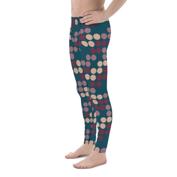This cheeky, stylish and comfortable, abstract design patterned meggings are entitled Vintage Dot Matrix and consists of a colorful, abstract polka dots in crimson, putty pink and cream against a teal background