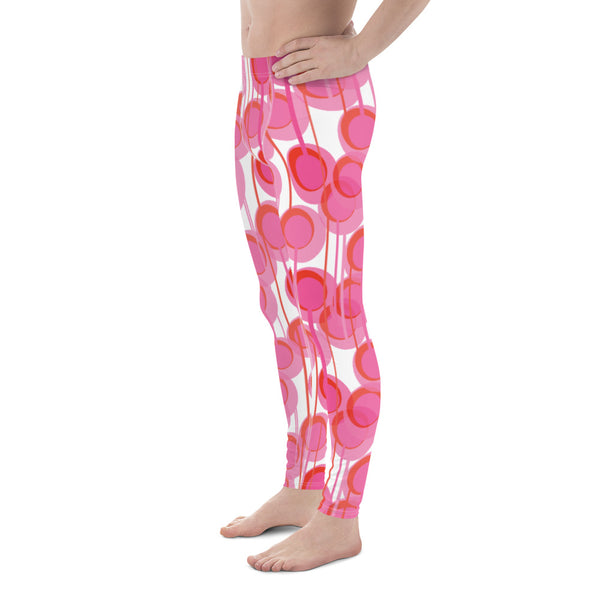 These patterned meggings are from our Connected Circles collection and consist of a pattern of pink and orange concentric circles connected vertically by pink threads, against a white background