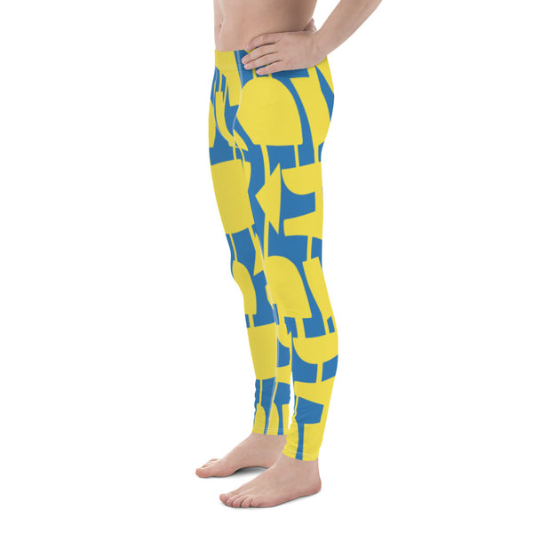 This cheeky, stylish and comfortable, abstract design patterned meggings are entitled Forever Connected and consist of a pattern of yellow abstract geometric shapes connected with vertical threads on a blue background