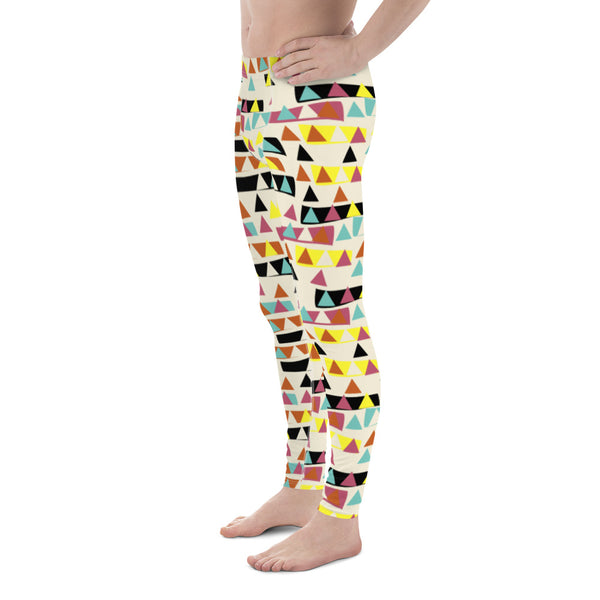 If you like modernist shapes and a geometric abstract pattern background you will love these meggings with their vintage style colours of teal, yellow, burnt orange and black. The patterned retro style design has contrasting triangles within blocks of colour, inside and outside, against a rich cream background