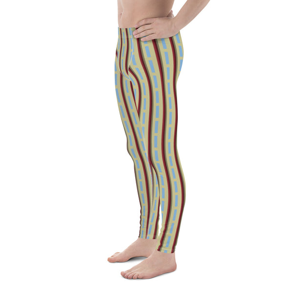 The vintage style graphic design printed onto these meggings consists of vermilion red and cerulean blue stripes against a cream background