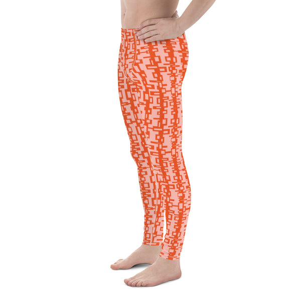 The retro futuristic style design printed onto these meggings consists of a geometric tangled rectangle pattern in orange on a pink background
