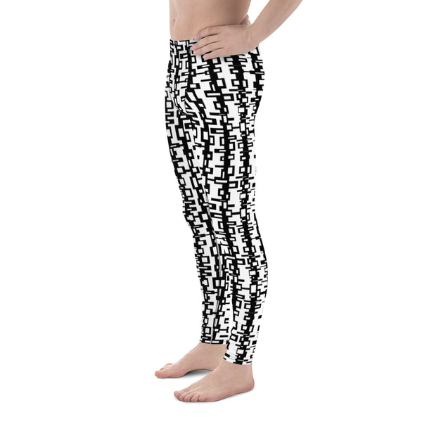 The retro futuristic style design printed onto these meggings consists of a geometric tangled rectangle pattern in black on a white background