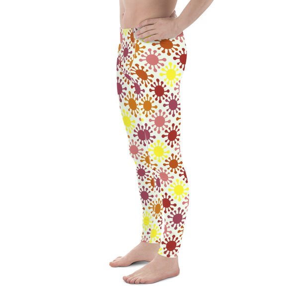 Mens leggings or meggings by BillingtonPix  in a viral themed pattern in vintage retro colours including orange, yellow, magenta and rose against a pale background.