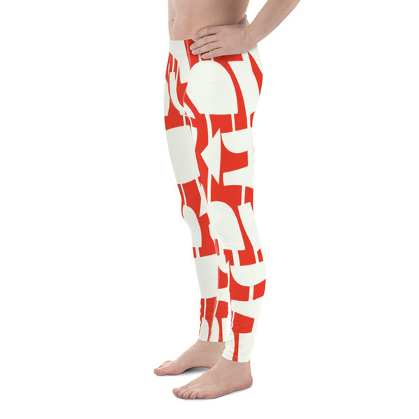 These cheeky, stylish and comfortable, abstract design patterned meggings are entitled Forever Connected and consist of a pattern of cream abstract geometric shapes connected with vertical threads on a bold orange  background