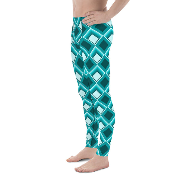 Glamorous blue, turquoise and teal coloured vintage 60s style turquoise diamond shapes men's leggings or meggings