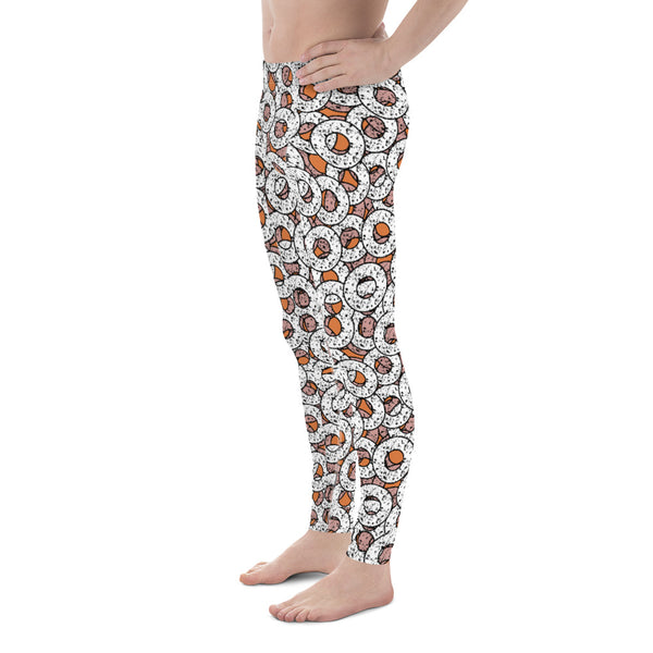80s Memphis style men's leggings with dotty donuts in white, black and orange pattern