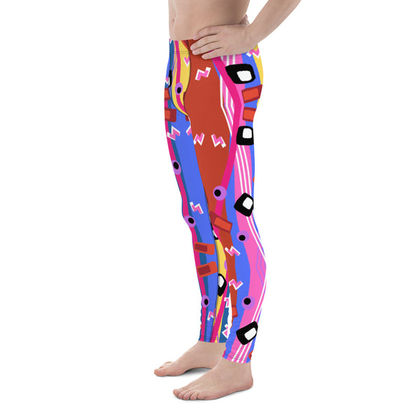 Zany, crazy, mad patterned men's leggings or meggings in blue, red, yellow and purple pattern of lines, squiggles, blobs and stripes by BillingtonPix