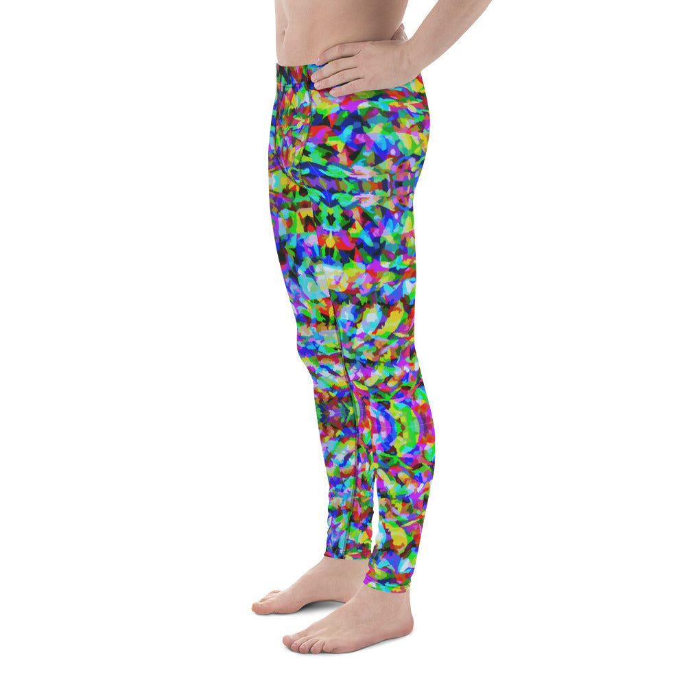 Mens leggings in a trippy psychedelic LGBT rainbow pattern. Geometric fuzzy pattern in rainbowcore all-over print fashion meggings for Gay Pride.