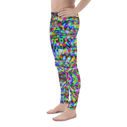 Mens leggings in a trippy psychedelic LGBT rainbow pattern. Geometric fuzzy pattern in rainbowcore all-over print fashion meggings for Gay Pride.