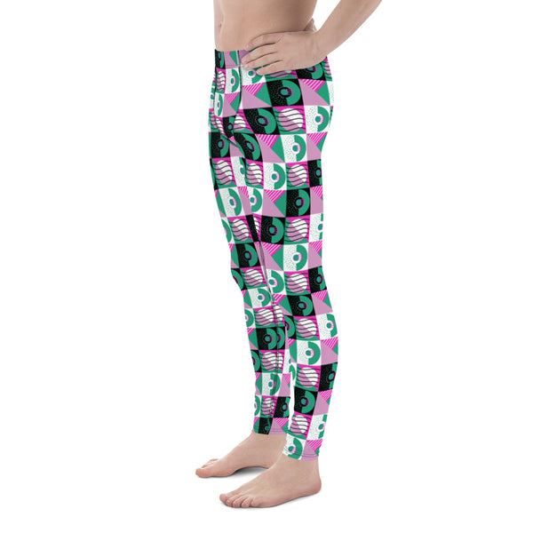 Pink and green geometric patterned men's leggings or meggings in a retro chequered 80s Memphis style by BillingtonPix