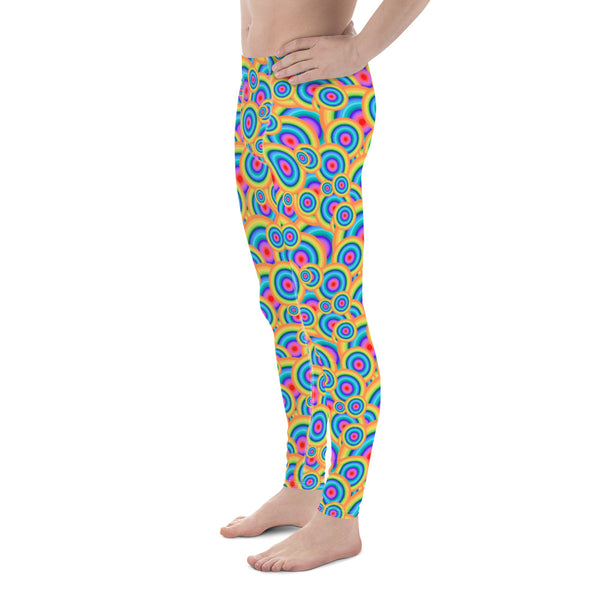 Mesmerizing pattern of colourful and overlapping concentric circles in pink, orange, yellow, turquoise and lilac on these spandex men's leggings or meggings by BillingtonPix