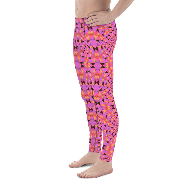 Pink, purple and orange patterned men's leggings, running tights or meggings in a kaleidoscope design by BillingtonPix