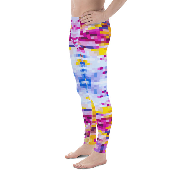 Colourful mosaic patterned running tights, meggings or men's leggings in tones of pink, blue, yellow by BillingtonPix