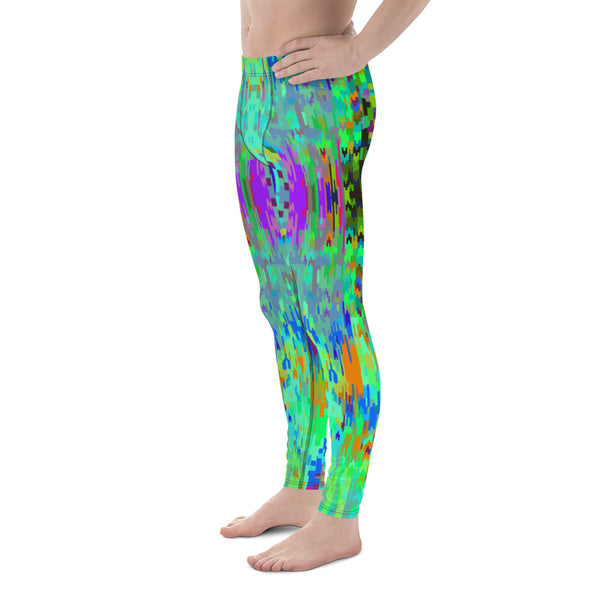 Multicoloured crystal like abstract pattern containing green, purple, blue and orange tones in these colourful meggings, mens leggings, mens running tights by BillingtonPix