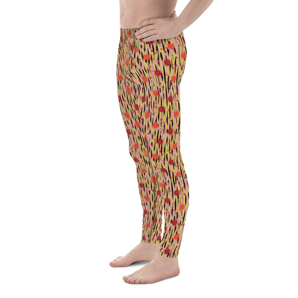 Colourful men's leggings with a skin toned base, overlaid with a tiger skin type design, which in turn is overlaid with an atomic molecular structure on these meggings or mens running tights by BillingtonPix