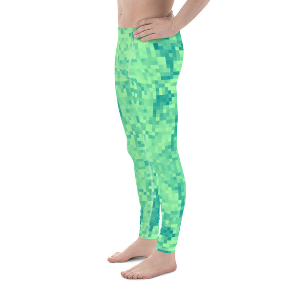 Colourful green abstract geometric shaped pattern on these men's compression leggings, running tights for men by BillingtonPix