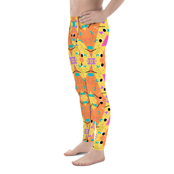 Crazy patterned mens leggings in orange and yellow with zig zag geometric pattern, including pink triangles and turquoise squares, dots and squiggles on these men's running tights, meggings, festival leggings for men by BillingtonPix