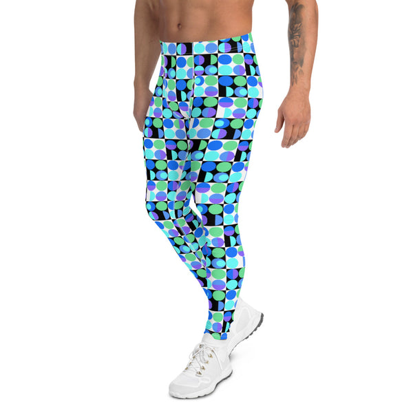 Intense blue, circular patterned mens gym leggings in tones of blue, green, turquoise and purple on a black and white grid on these retro 80s Memphis style patterned running tights, mens meggings, compression leggings by BillingtonPix