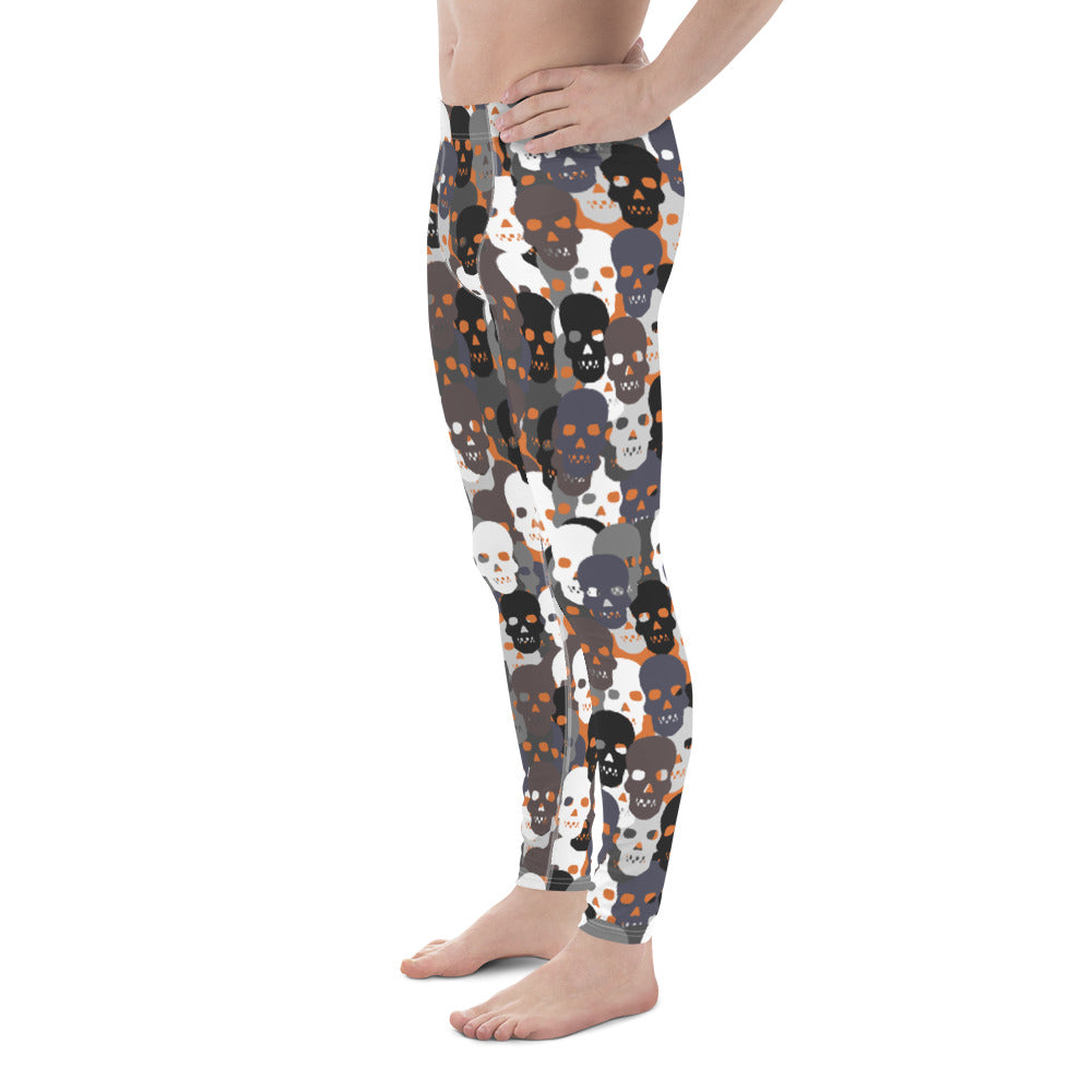 Men's orange Halloween skull leggings, left side view
