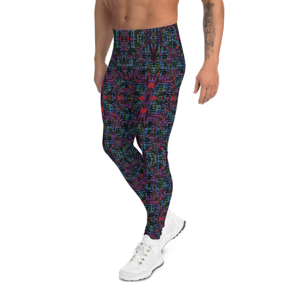 Dark toned contemporary retro style men's gym tights with blue, red and green tones against a black background in a warped abstract mesh design