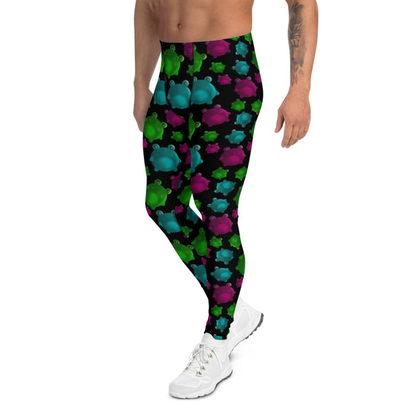 Multicoloured cute kawaii frogs on these men's compression leggings or meggings by BillingtonPix