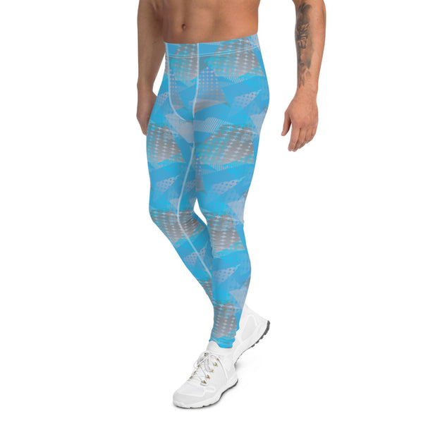 Turquoise blue and grey geometric shaped design in a 90s retro style on these men's leggings or meggings by BillingtonPix