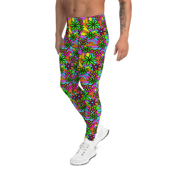 Retro 60s psychedelic flower power style design men's leggings in multicoloured with lime green, turquoise, pink, yellow and purple shapes and flowers vintage style design by BillingtonPix