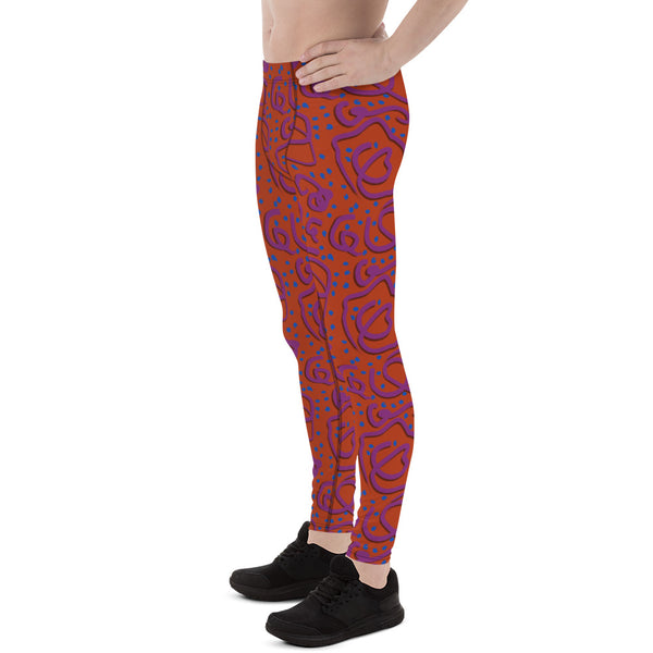 Scarlet and purple squiggles with teal dots on these retro 90s style patterned men's leggings or meggings by BillingtonPix